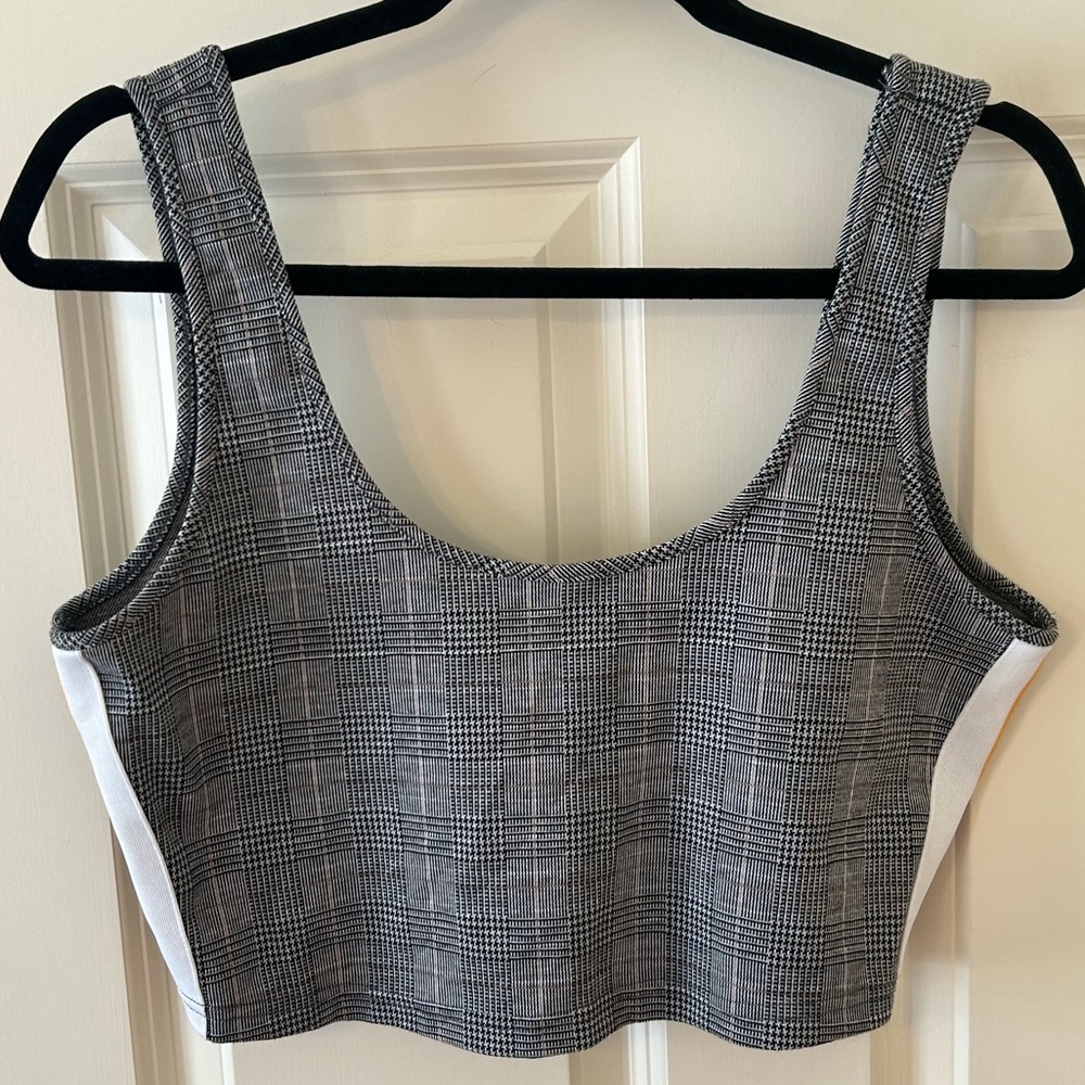 Glen Plaid Crop Tank with Rounded Neckline and Side Racer Stripe.